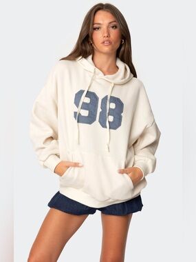 Edikted  98 Oversized Varsity Cream Hoodie Sweatshirt Size XS